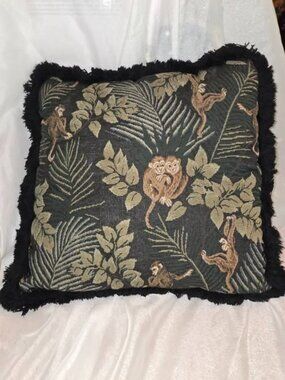 Ashford Court Black & Multicolor Tapestry Throw Pillow Monkey & Palm Trees 17x17